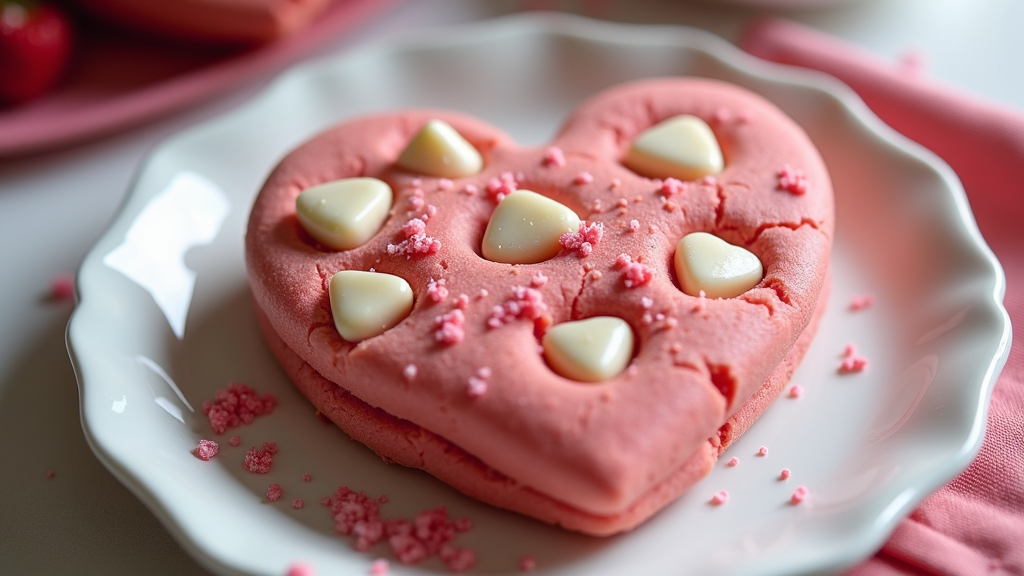 A heart-shaped cookie with a pink hue from strawberry powder, featuring white chocolate chunks and a sprinkle of pink sugar.