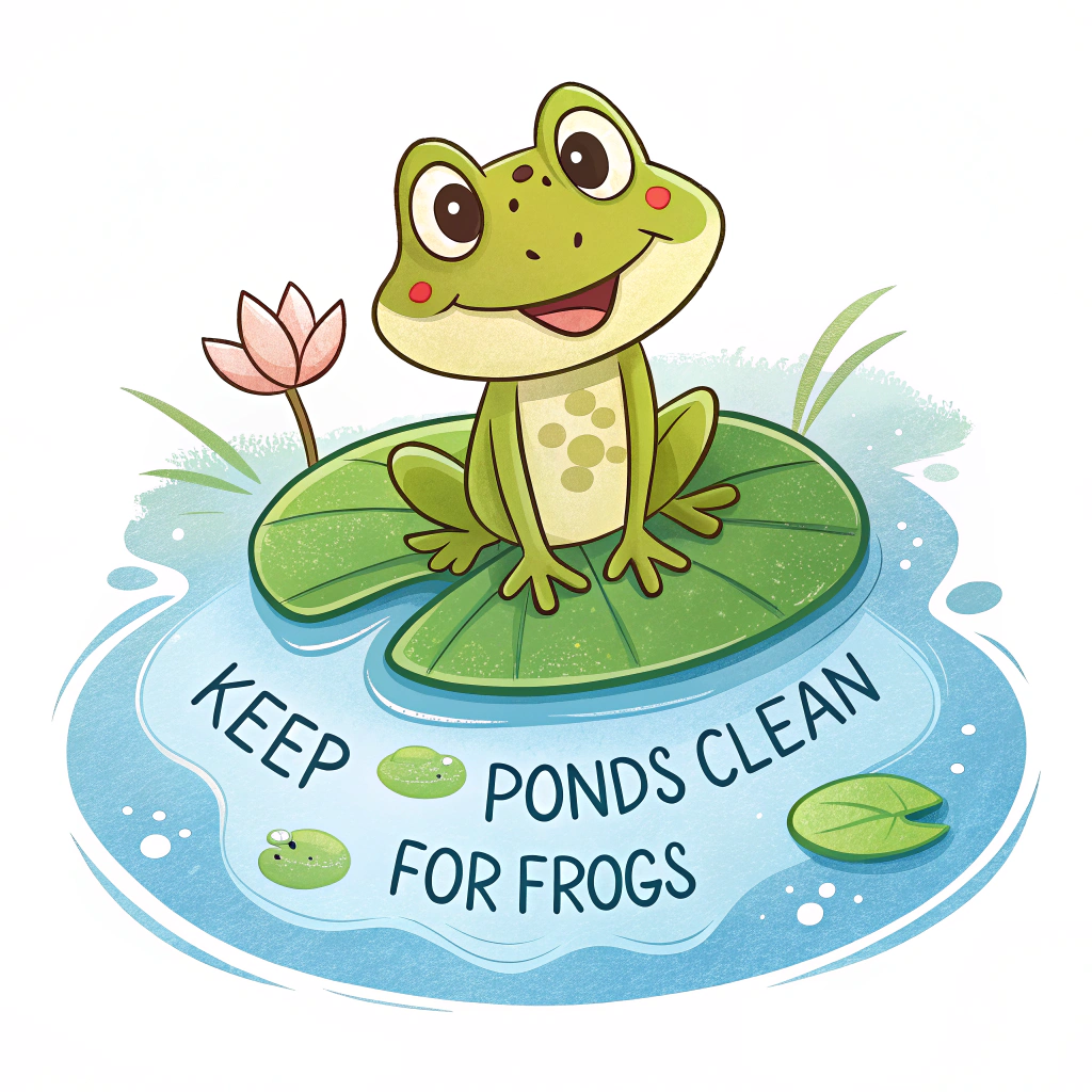 A cheerful cartoon frog sitting on a bright green lily pad in pristine blue water, with the text 'Keep Our Ponds Clean for Frogs' in a clear, friendly font underneath.