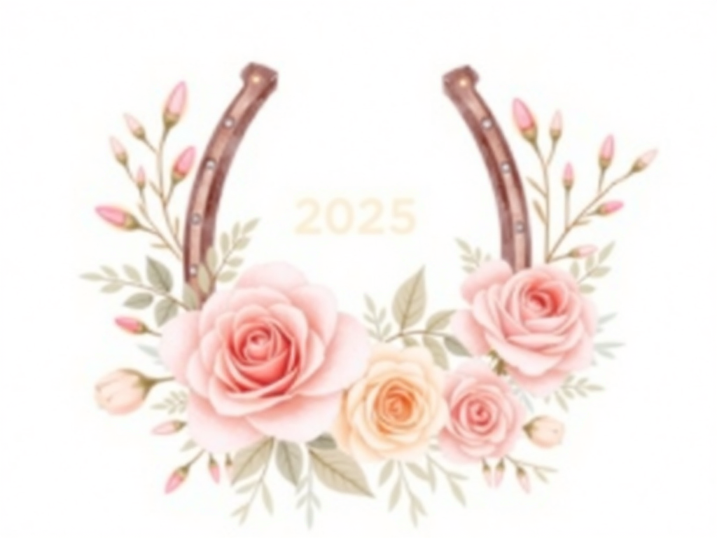 Abstract Watercolor: An artistic watercolor rendering of roses and a horseshoe, with '2025' subtly integrated, focusing on soft colors and textures.