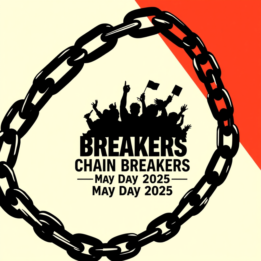 Emerging Hope Silhouette: Design showing a broken chain forming a base or frame, from which a hopeful silhouette (e.g., raised fist, crowd, dove) emerges. Contrast dark chain colors with brighter emerging elements. Text 'Chain Breakers - May Day 2025' positioned clearly.