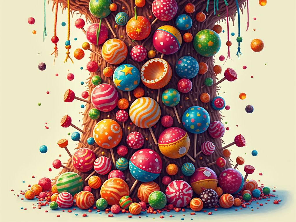 T-Shirt Design: 'Candy Rain' - Illustrate a cascade of diverse and colorful Mexican candies (e.g., lollipops, wrapped sweets, fruit-shaped gummies) appearing to 'rain' down from the top of the shirt, perhaps with fragments of a broken piñata subtly integrated.
