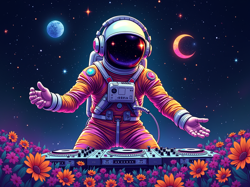 A psychedelic astronaut DJ with headphones made of mini galaxies, dropping a bass clef symbol that ripples outwards like a cosmic shockwave across a star-filled sky. Neon daisies are subtly integrated into the astronaut's suit or the background nebula.