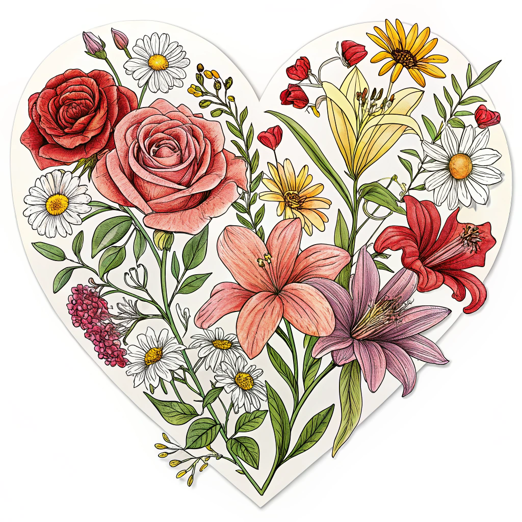 A heart-shaped sticker composed of various types of flowers like roses, lilies, and daisies, arranged in a visually appealing pattern.