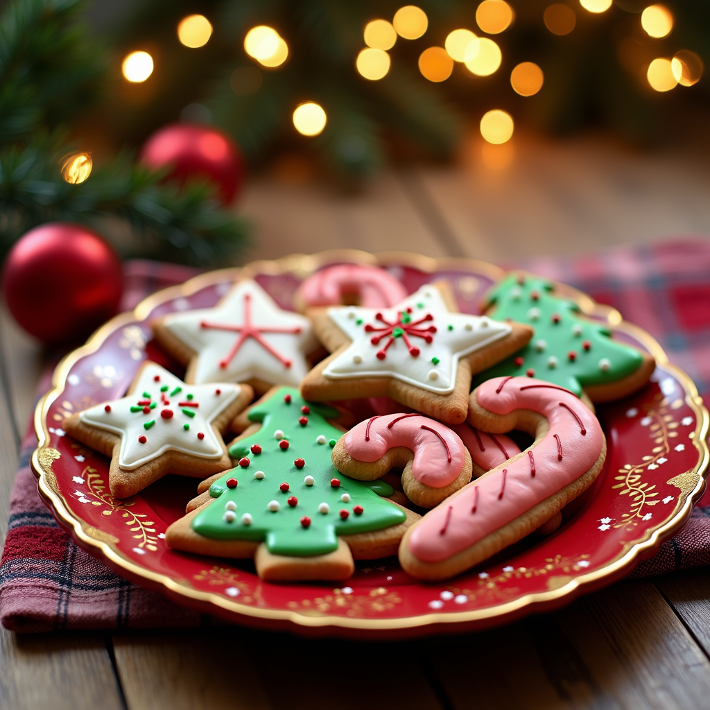  a plate of decorated Christmas cookies on a wooden table. The plate is red with a gold rim and is placed on a red and white checkered napkin. The cookies are in the shape of Christmas trees, star-shaped cookies, and candy canes. There are also red and gold ornaments scattered around the plate. In the background, there is a small Christmas tree with lights and a red ball. The overall mood of the image is festive and cozy.