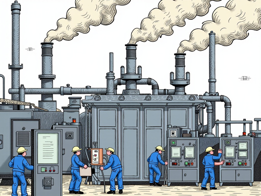  a group of workers in blue uniforms and hard hats working in an industrial plant. The plant appears to be a large, industrial structure with multiple chimneys and pipes. The chimneys are emitting thick, white smoke that is billowing out of them. The workers are standing in front of the chimneys, which are connected to a control panel with various buttons and switches. The control panel is located in the center of the plant and is surrounded by other machines and equipment. The background is a plain white wall. The overall color scheme of the image is blue and gray, giving it a cartoon-like appearance.