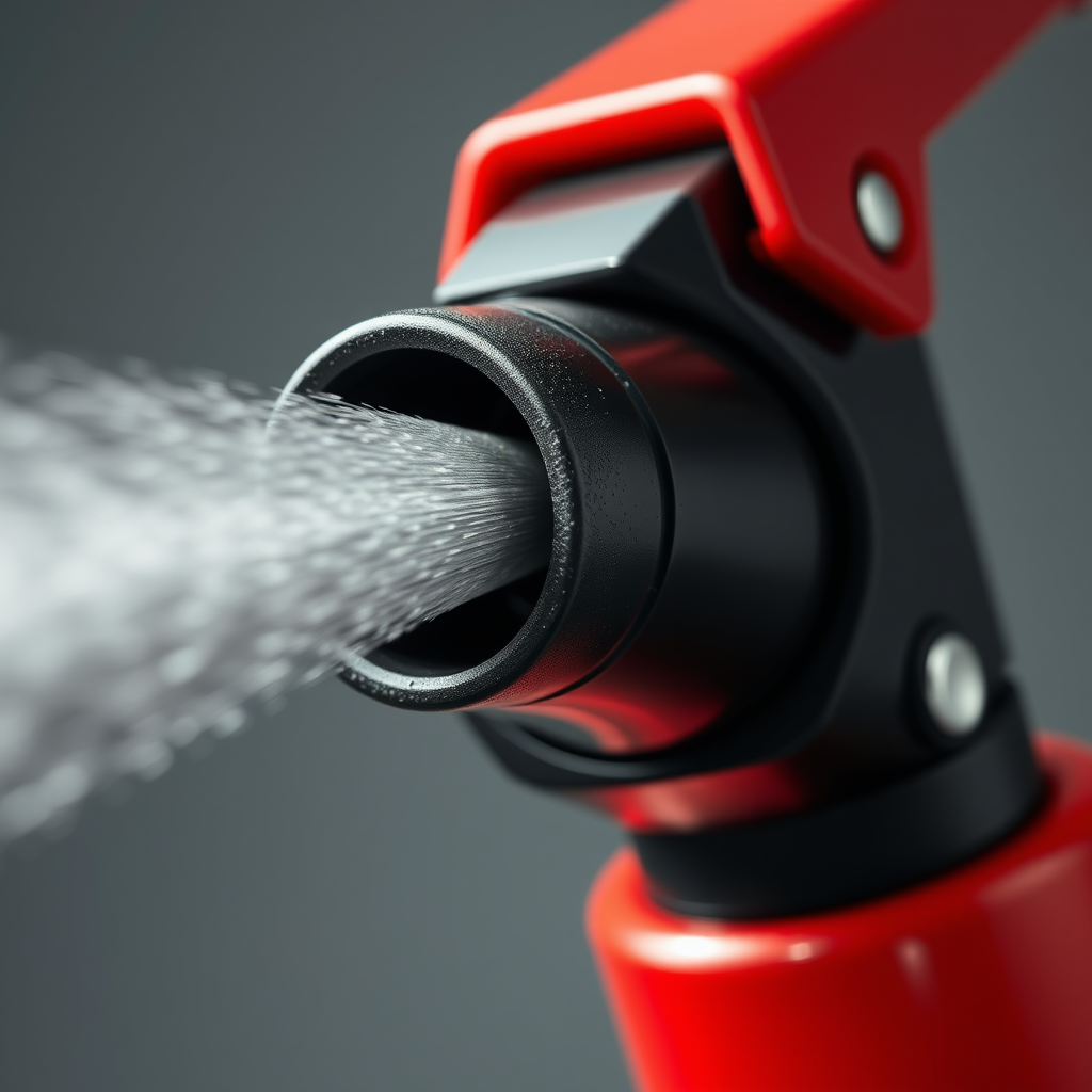 A close up of the nozzle with the extinguishing agent coming out with a sense of motion and action.