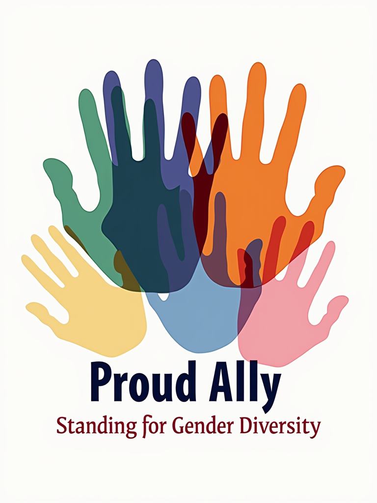 A stylized handprint (or multiple overlapping in different colors) symbolizing solidarity and support. Text: 'Proud Ally' featured clearly, with 'Standing for Gender Diversity' integrated respectfully. Consider using inclusive colors.
