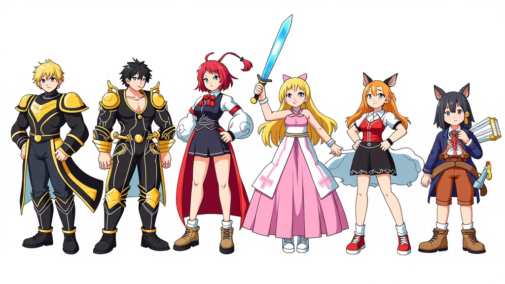 Illustration 4: 'Isekai Character Showcase'. Feature a lineup of original characters, each personifying a sub-genre or common trope of Isekai (e.g., the overpowered protagonist, the summoned hero, the villainess reincarnator, the crafting specialist, the non-human protagonist). Each character's design should be unique and hint at their backstory. The overall composition unites them under the banner of 'Anime Central 2025: The Art of Isekai Adventures'.