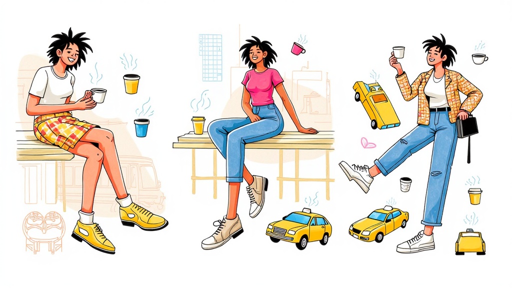 A series of illustrations capturing 'off-duty' model moments, focusing on candid, relaxed poses against iconic NYC backdrops (e.g., fire escapes, yellow cabs, subway entrances), rendered in a loose, gestural watercolor or ink style.