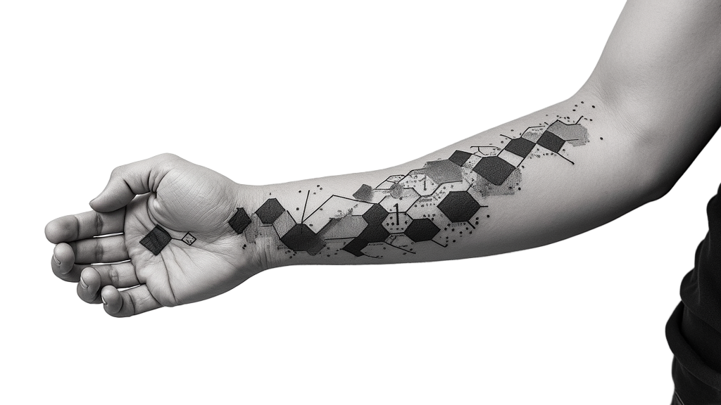 Binary Flow: Geometric shapes like hexagons or triangles forming a cohesive stream, with binary code (0s and 1s) subtly embedded within or flowing between the shapes. The stream could be designed to wrap around a limb, emphasizing continuous data movement.