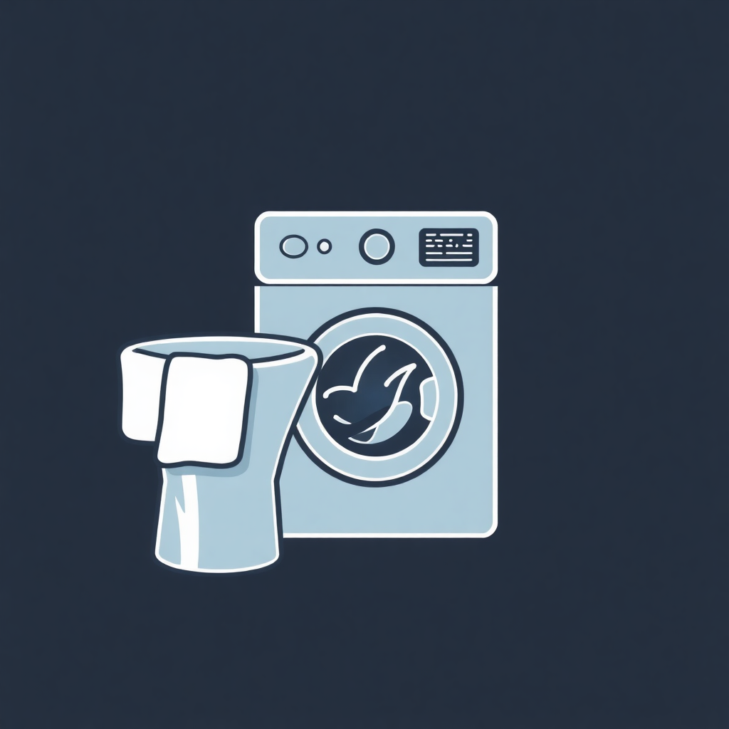 The image shows a washing machine with a cup of coffee beside it. The washing machine is a light blue color with a white door and a control panel on the front. The cup is white with a handle and a spout. The coffee cup is a dark brown color and is placed next to the washing machine.