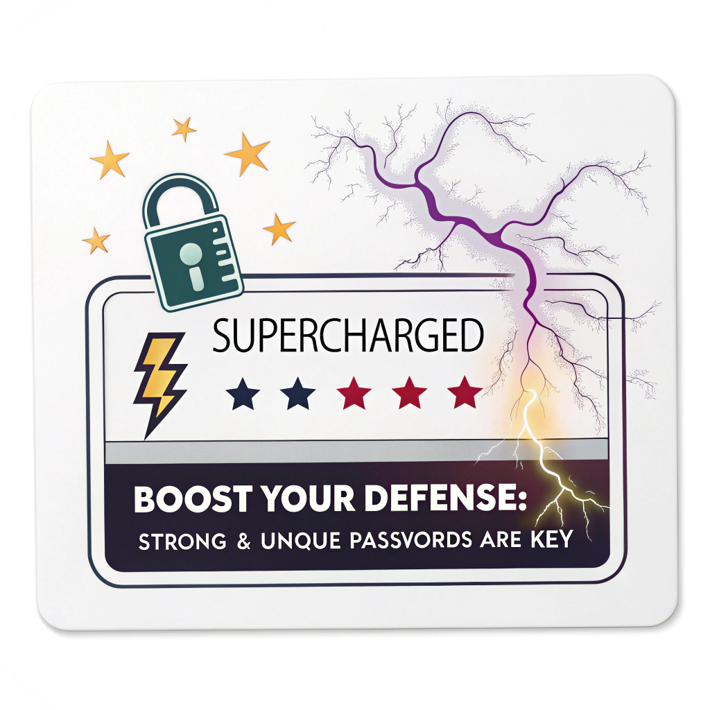 A sticker illustrating a password input field that is being 'supercharged' or strengthened, with visual elements like lightning bolts or glowing effects. Text: 'Boost Your Defense: Strong & Unique Passwords are Key'.