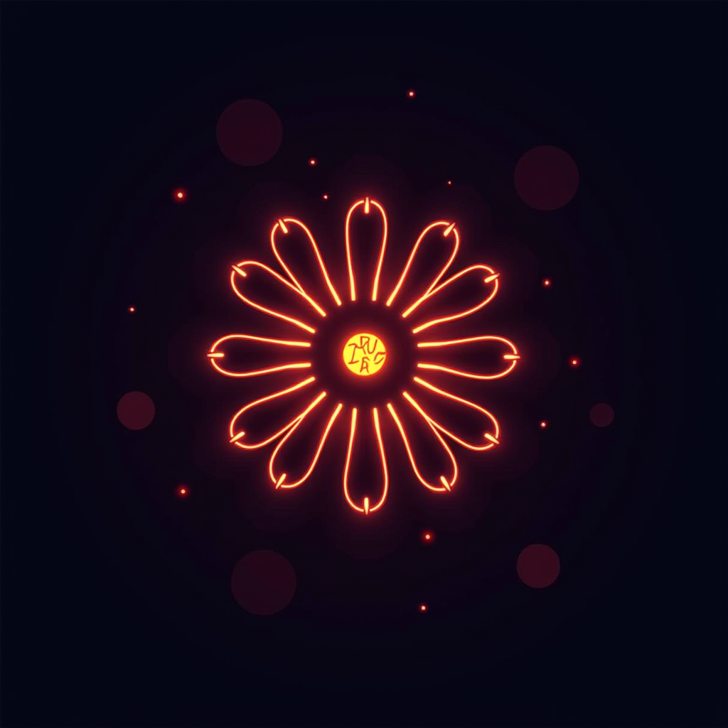 A simple icon-based T-shirt featuring a minimalist, bold outline of the EDC daisy. Only the petal outlines and the central disc of the daisy glow. The letters P, L, U, R are subtly integrated as small glowing points or markings within the central disc or on separate petals.