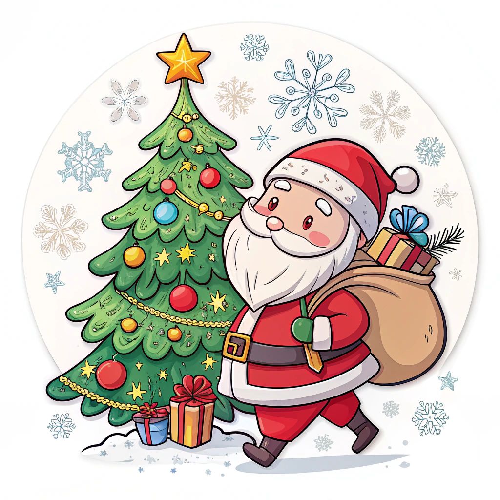 The image shows a cartoon Santa Claus carrying a bag of presents next to a Christmas tree adorned with colorful ornaments, lights, and a star on top. There are also several gift boxes scattered around the tree, adding to the festive atmosphere.