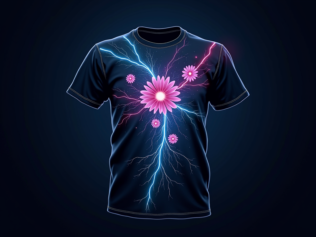 A dark t-shirt featuring a glowing, neon synaptic network of interconnected energy lines. Subtle abstract daisy shapes are integrated as nodes or connection points within the electric blue, pink, and green energy flow.