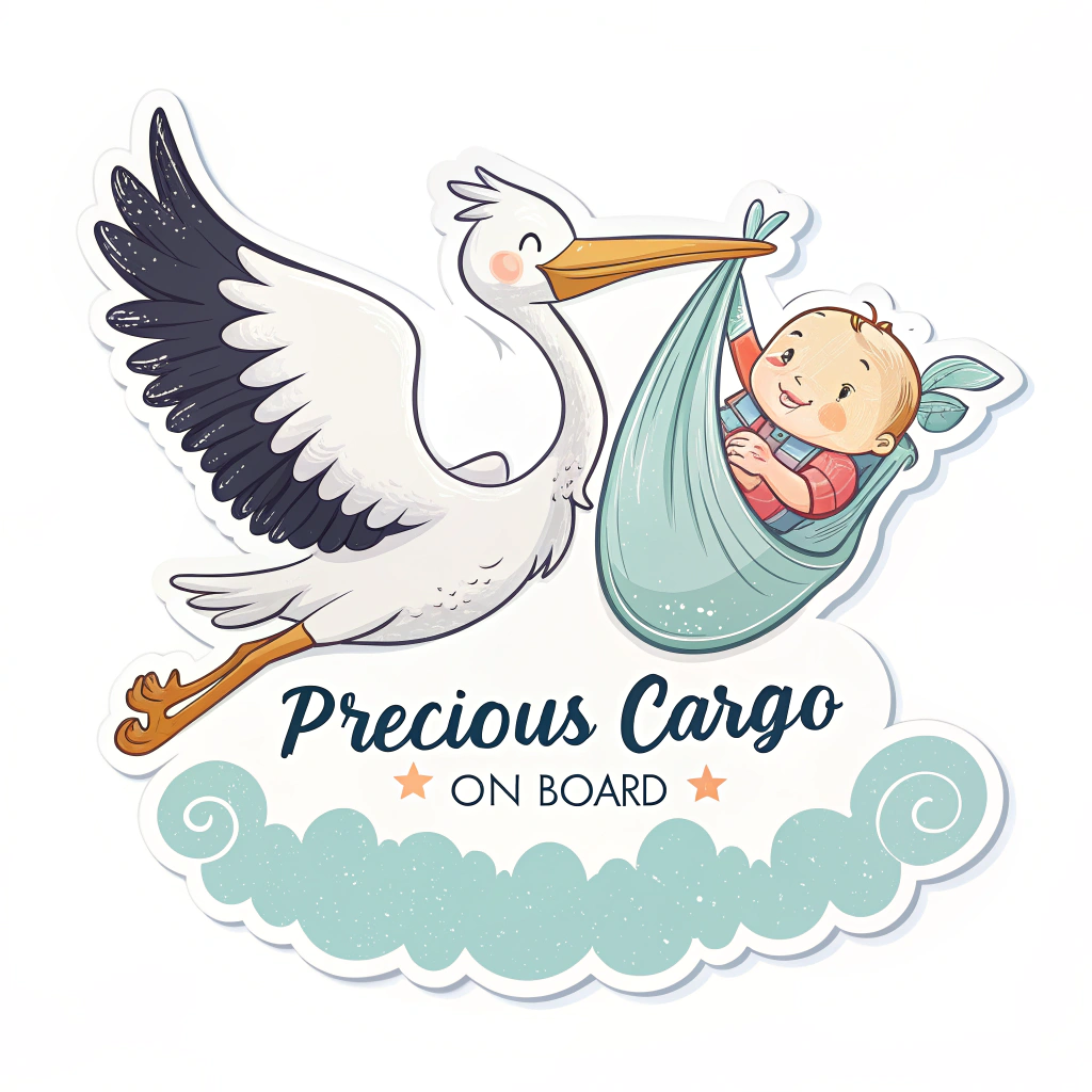 A playful design featuring a stork carrying a baby with the words 'Precious Cargo On Board'.