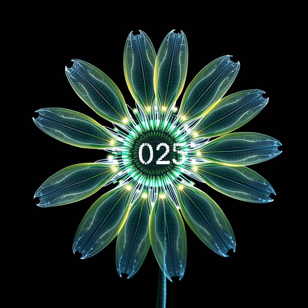 Sub-Design Idea 3: 'Techno-Organic Daisy' - A daisy that seamlessly blends organic petal shapes with visible, embedded cybernetic circuitry. Thin wires and micro-LEDs form the veins of the petals. Kinetic energy expressed through animated light sequences, and '2025' stylized as digital code flowing along a prominent circuit.