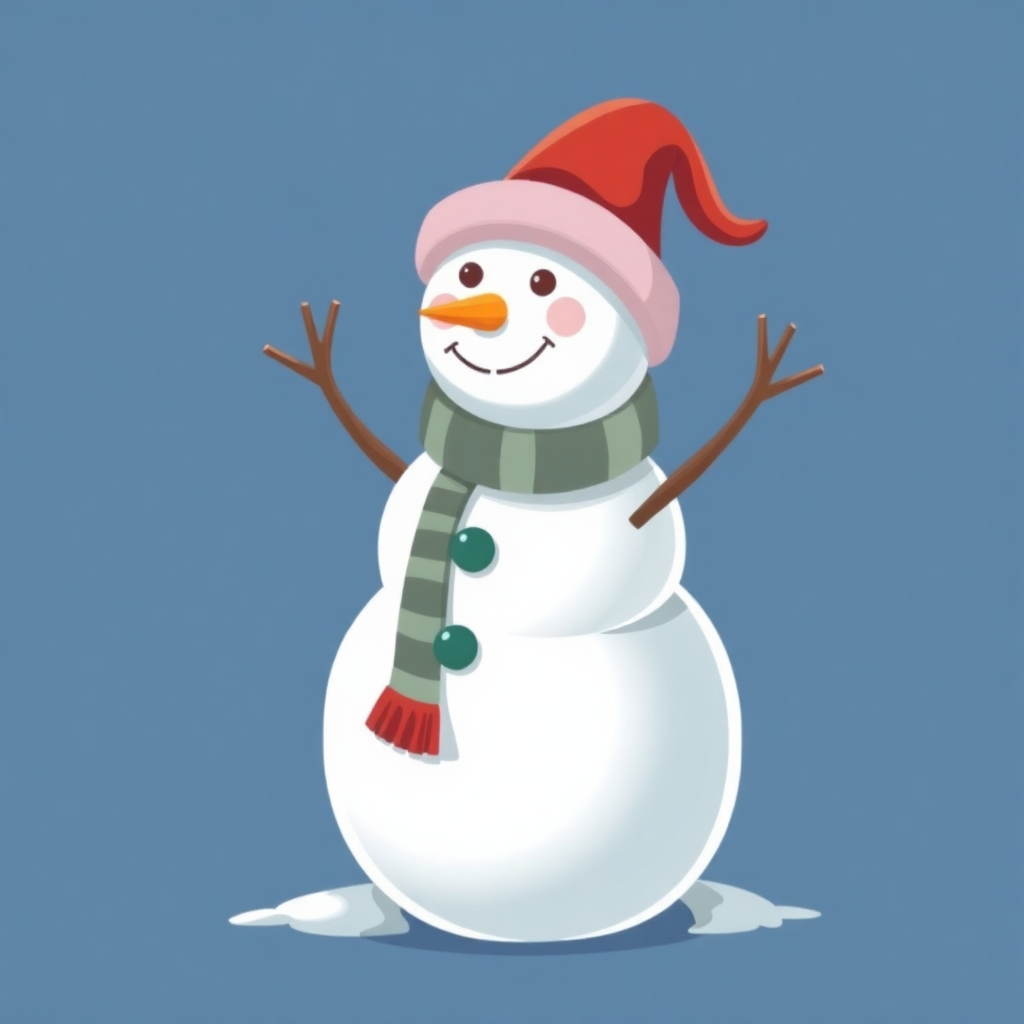 The image shows a snowman wearing a red hat and scarf, standing in the snow against a blue background.