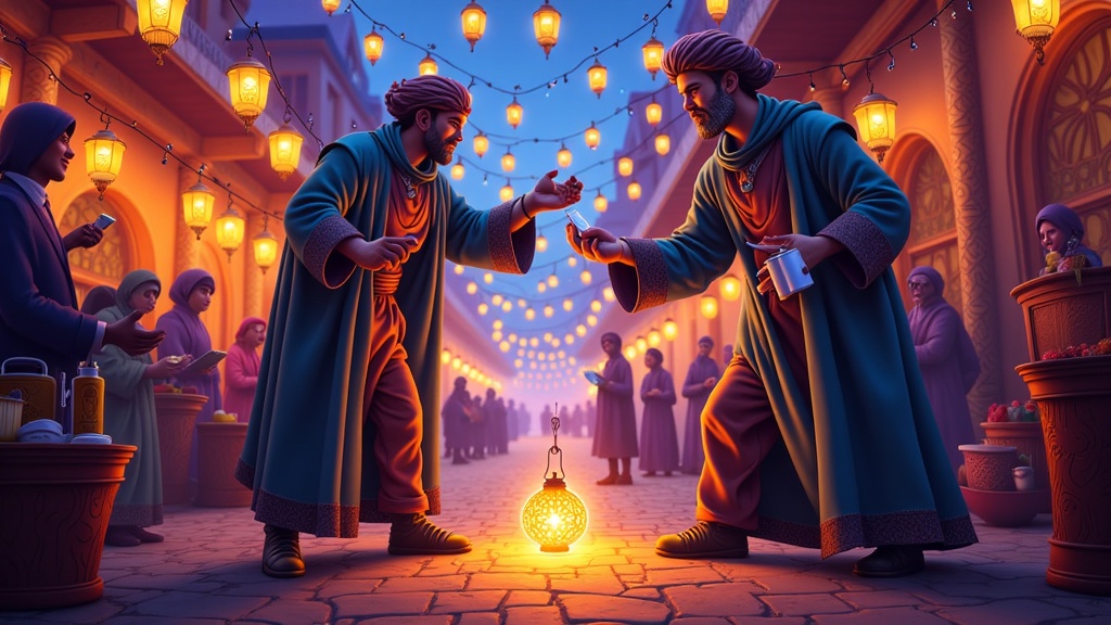 Night of the Djinn's Bargain: The souk at twilight or night, illuminated by ornate lanterns and the glow from within shops. Most activity is winding down, but in a secluded alcove, a scene of magical intrigue unfolds. Perhaps a merchant is cautiously interacting with a shadowy, imposing figure (hinting at a Djinn or powerful sorcerer) over a glowing artifact or a contract bound by ethereal light.