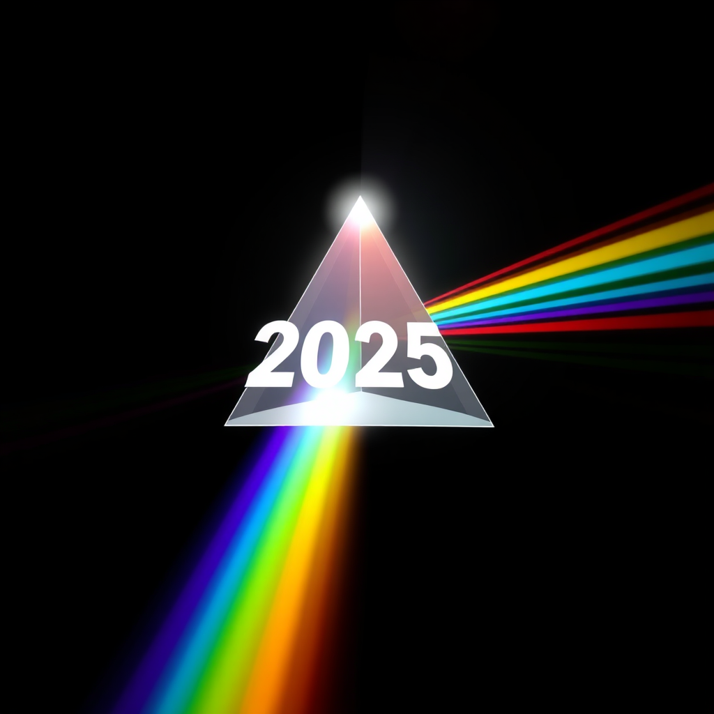 Sub-Design Idea 1 (Converging Prism): A modern, geometric prism refracts white light into a spectrum of vibrant rainbow colors, symbolizing diversity emerging from unity. The year '2025' is integrated within the prism or its light rays, and the overall form suggests an upward-pointing beacon.