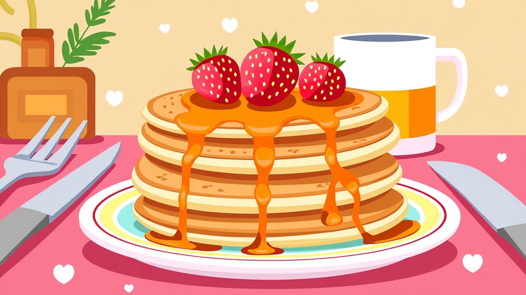  a stack of pancakes on a plate with a drizzle of syrup on top. The pancakes are golden brown and appear to be freshly made. On top of the pancakes, there are three fresh strawberries with green leaves. The plate is white with a colorful striped pattern. On the right side of the image, there is a knife and fork, and on the left side, there appears to be a jar of honey and a cup of coffee. The background is a light pink color with small white hearts scattered around.