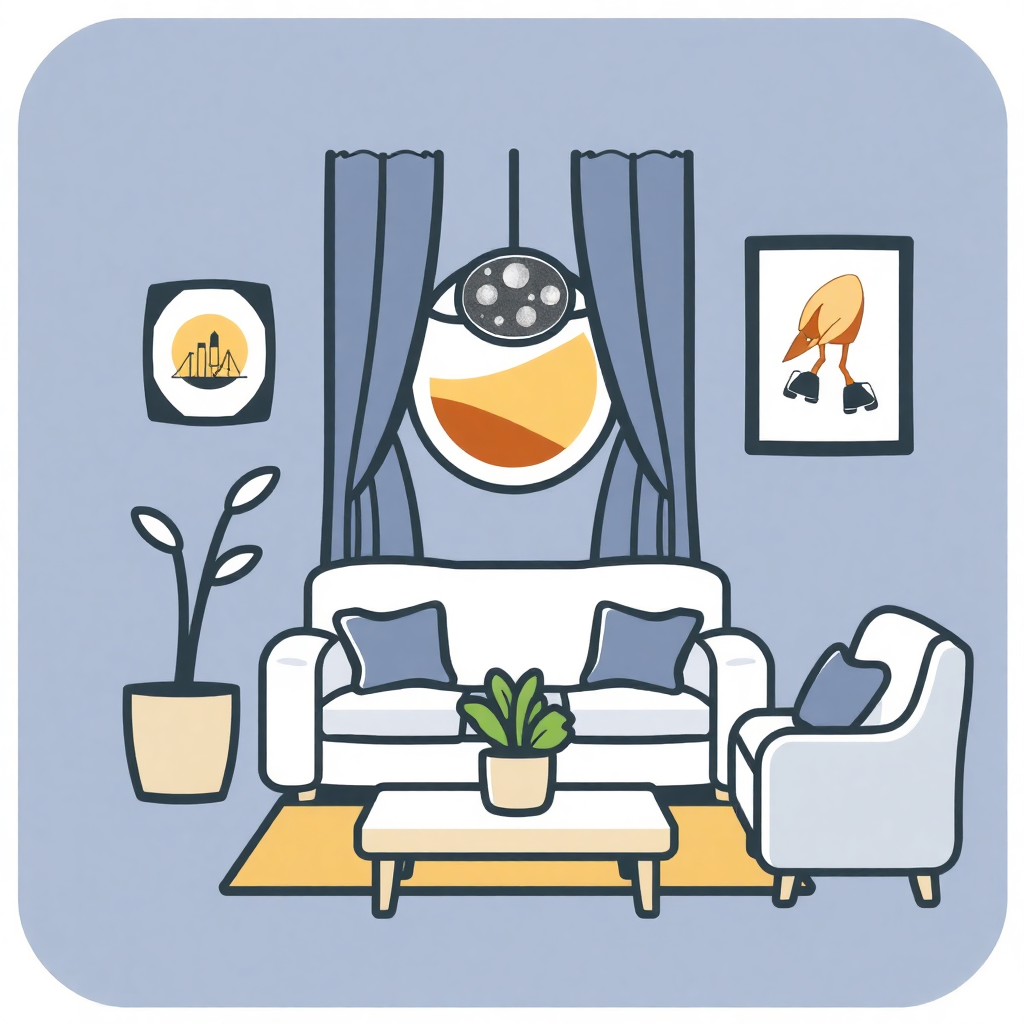 The image is an illustration of a living room with a blue background. The room has a white sofa with blue throw pillows, a white armchair, and a small coffee table with a potted plant on it. Above the sofa, there is a large window with blue curtains. On the wall, there are two framed pictures - one of a bird and the other of a city skyline. The overall style of the room is modern and minimalistic.