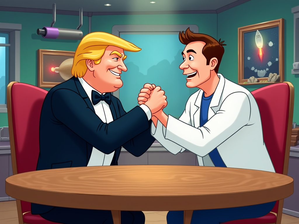 Donald Trump dressed in a tuxedo, humorously arm-wrestling with Elon Musk, who is wearing a lab coat, in a cartoon battle of strength.