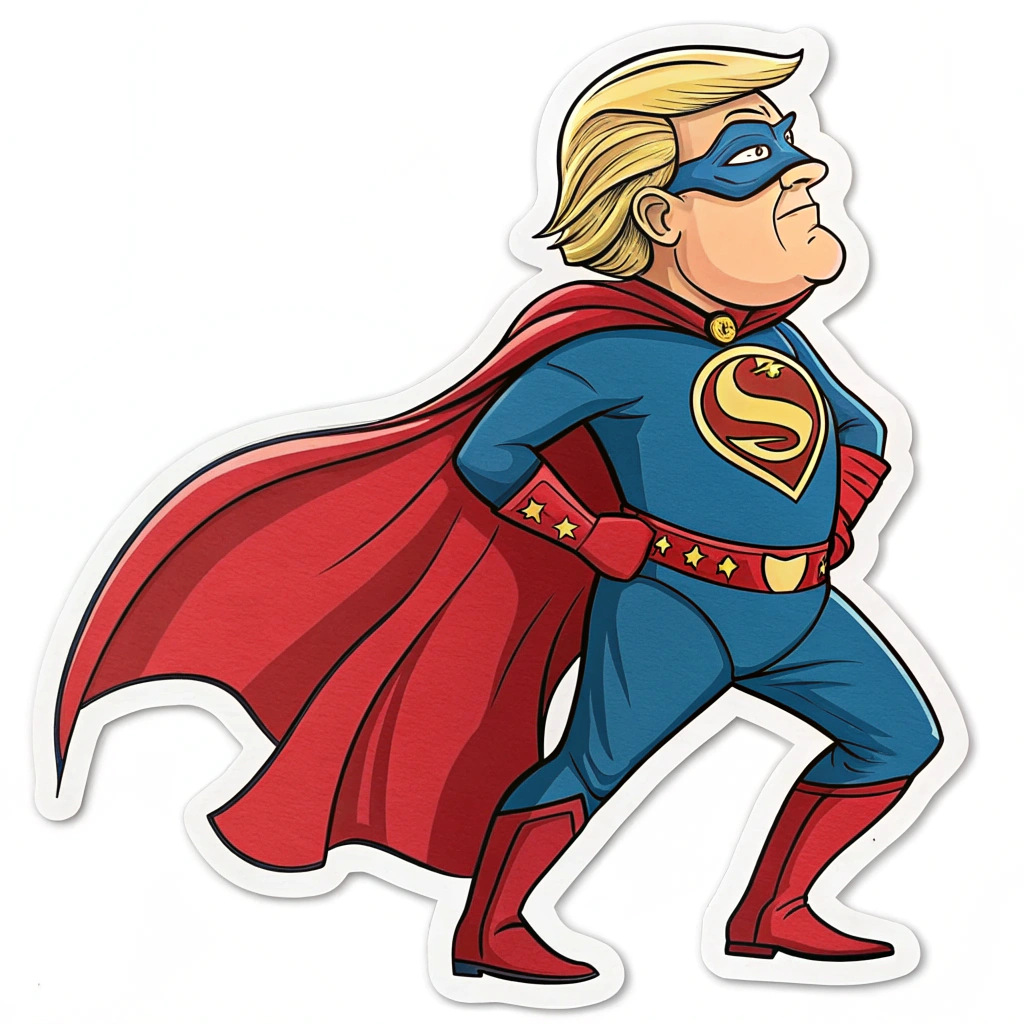 Trump in a superhero costume but with a comical twist, such as a cape that’s too short or a mask that's slightly askew.