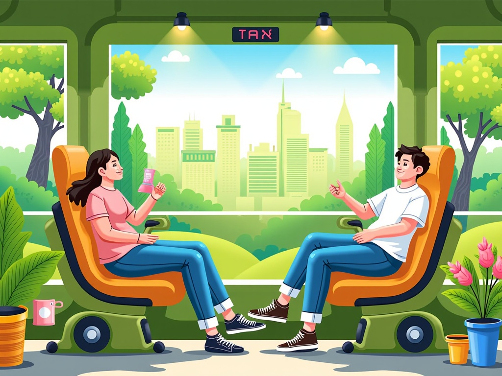 Mobile Green Sanctuaries Illustration: Focus on the serene interior of an eco-robotaxi, with passengers relaxed, viewing a tranquil green cityscape. The vehicle's interior uses natural materials, showcasing a pollution-free, peaceful journey.
