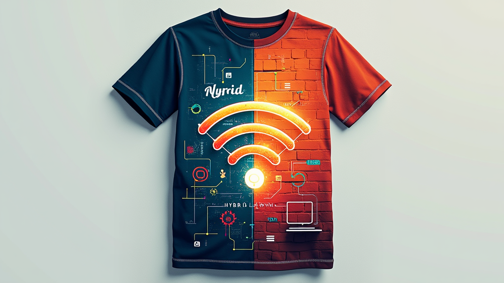 Split Vision: A vertically or horizontally divided design. One side creatively depicts 'Wi-Fi' (e.g., network lines, abstract digital patterns, a glowing Wi-Fi icon). The other side illustrates 'Walls' (e.g., a subtle brick texture, an outline of a physical book, a desk silhouette). The slogan is placed to connect or underline both halves, with 'Hybrid Learning' as a title.