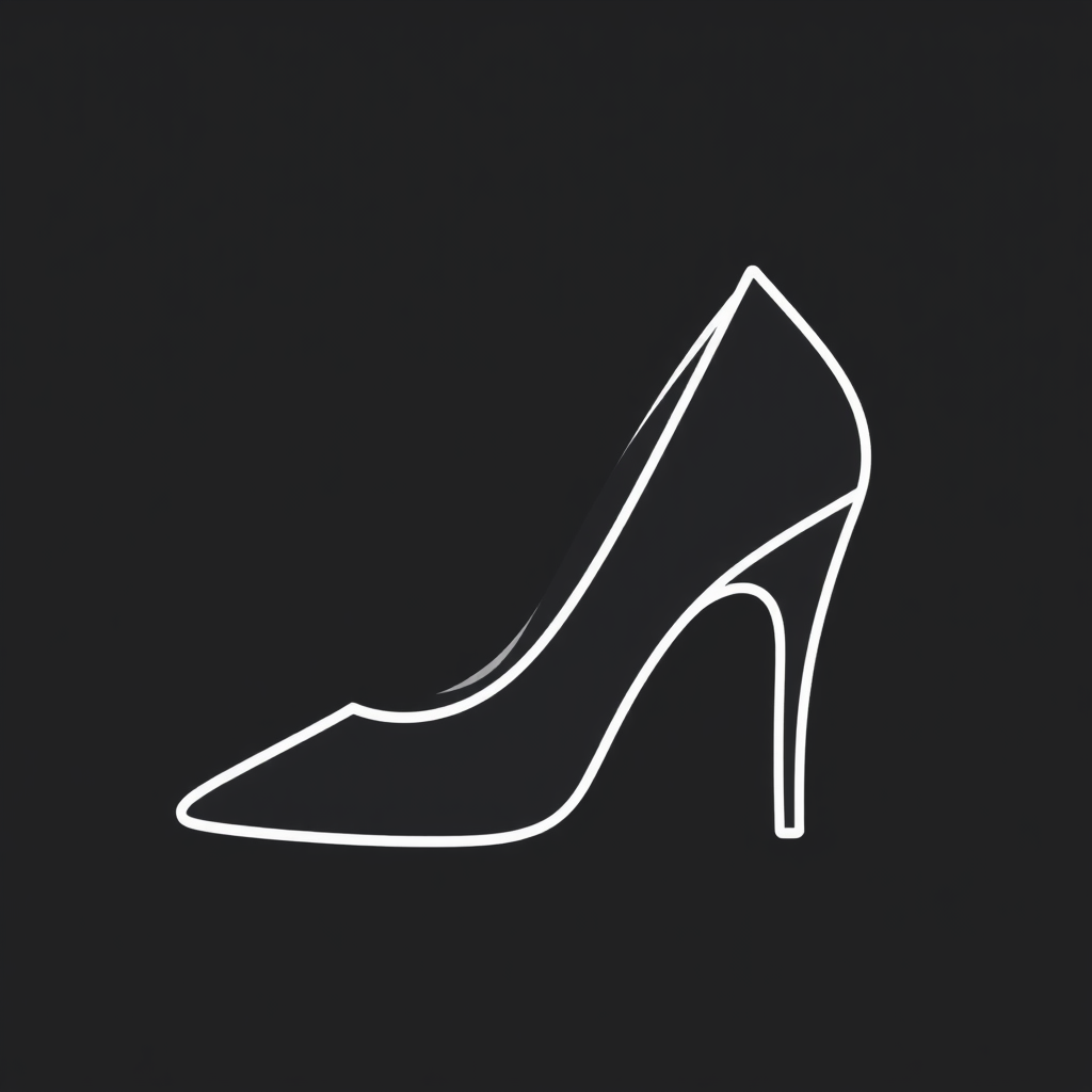 A side profile of a high heel shoe, with a slightly curved heel and pointed toe, using a thin line style.