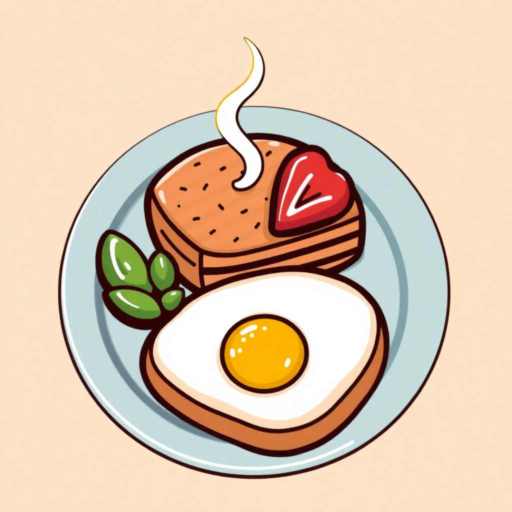 The image is an illustration of a plate of food. On the plate, there is a slice of toast with a heart-shaped strawberry on top. The toast is golden brown and appears to be freshly cooked. Next to the toast, there are two green leaves, one on each side of the plate. In the center of the image, there has a fried egg with a yellow yolk. The plate is light blue and the background is a light beige color. The overall style of the illustration is cartoon-like.