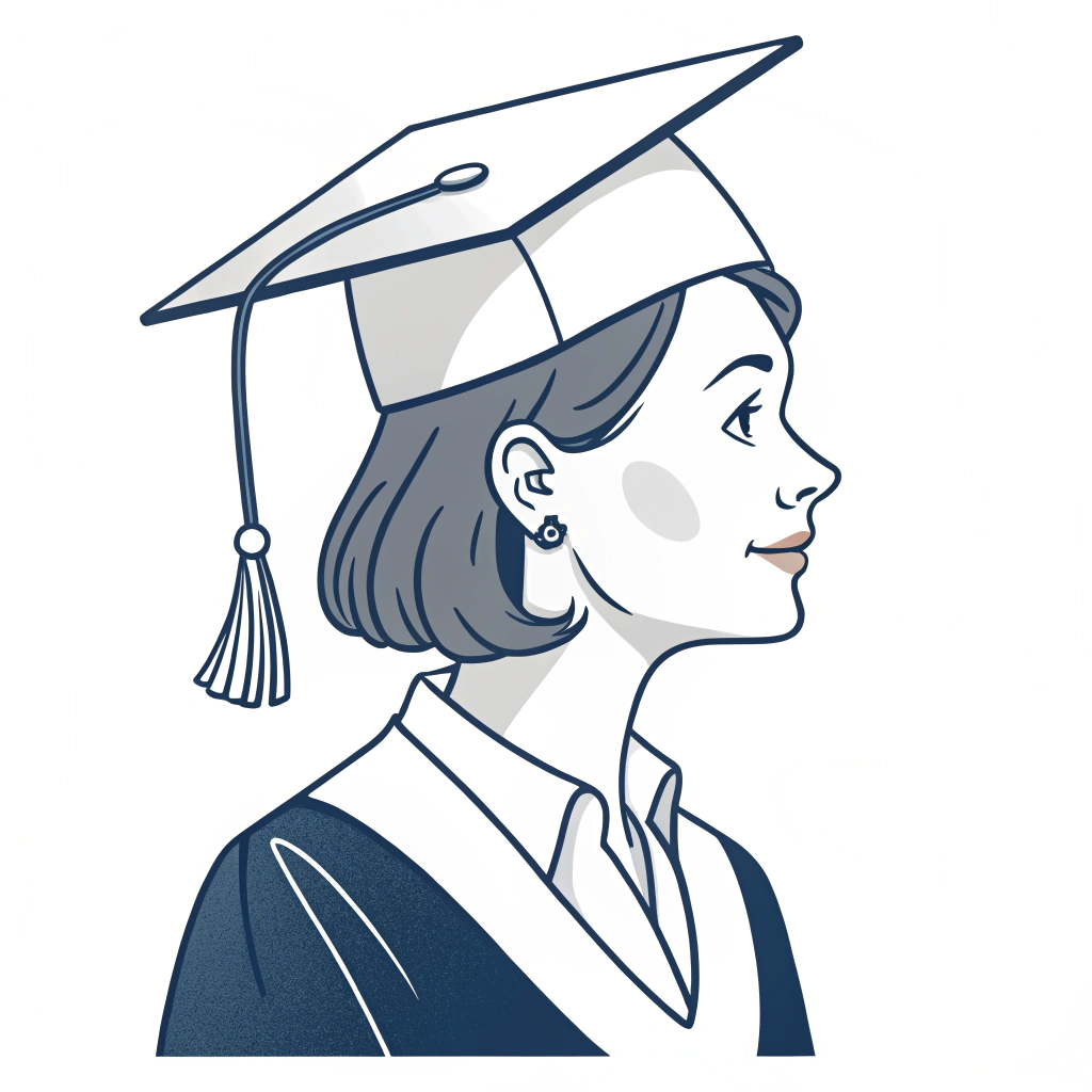 A simple icon of a woman wearing a graduation cap.