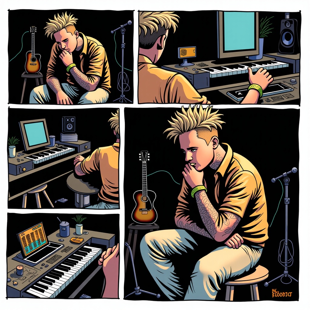 Posty's Inner World - Graphic Novel Style: An illustration in a graphic novel or comic book art style, offering a more intimate glimpse into Post Malone's persona. This could be a panel-style layout showing different moods or moments, perhaps in a dimly lit studio or a contemplative setting, with a focus on storytelling through visual cues.