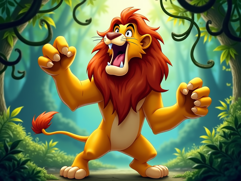 A lion roaring loudly, with a dynamic pose, with leaves and vines moving around the roar.