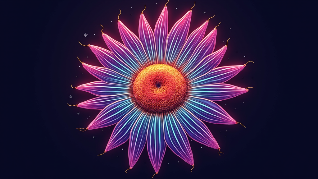 Abstract design where soundwave patterns or oscilloscope visuals morph and shape themselves into the outline of a large daisy. The lines of the soundwaves pulse with various neon colors, symbolizing musical energy and flow.