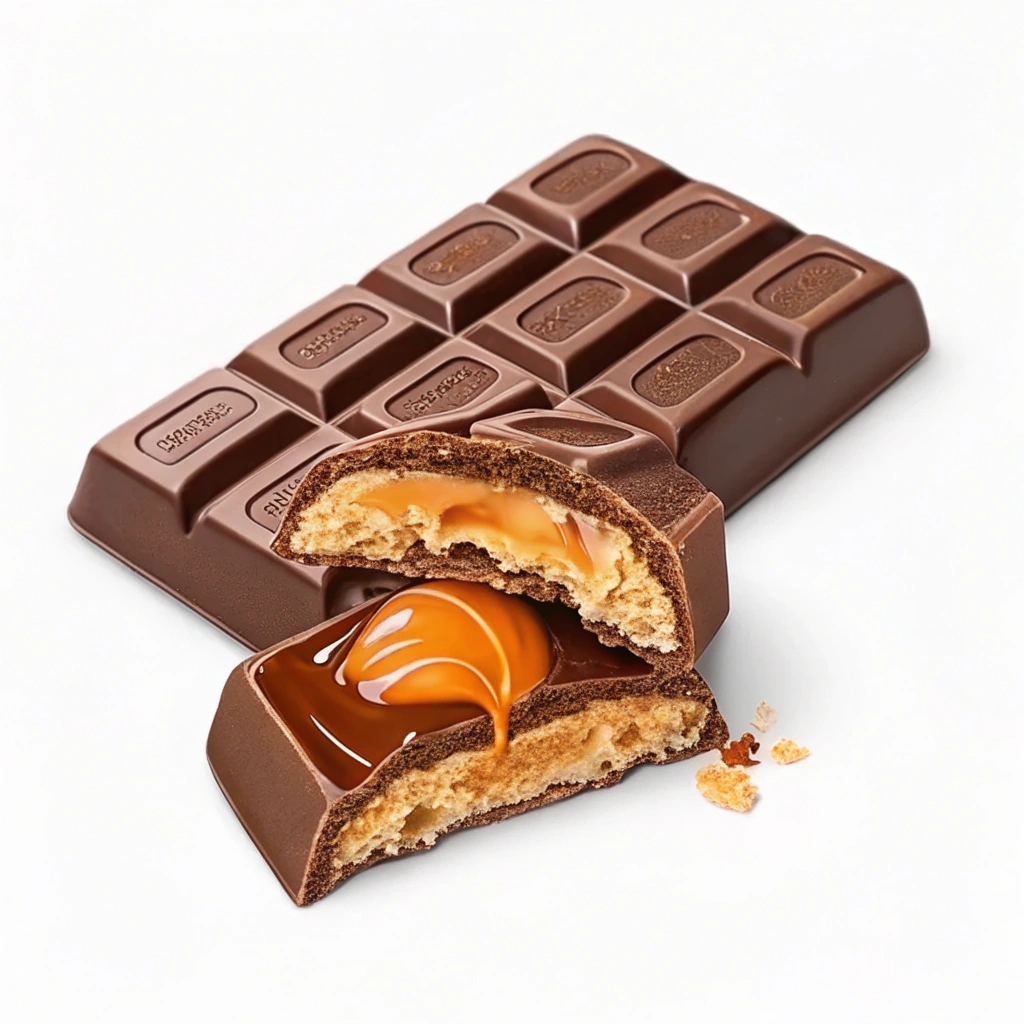 A chocolate bar with a bite taken out, showcasing a gooey caramel center.