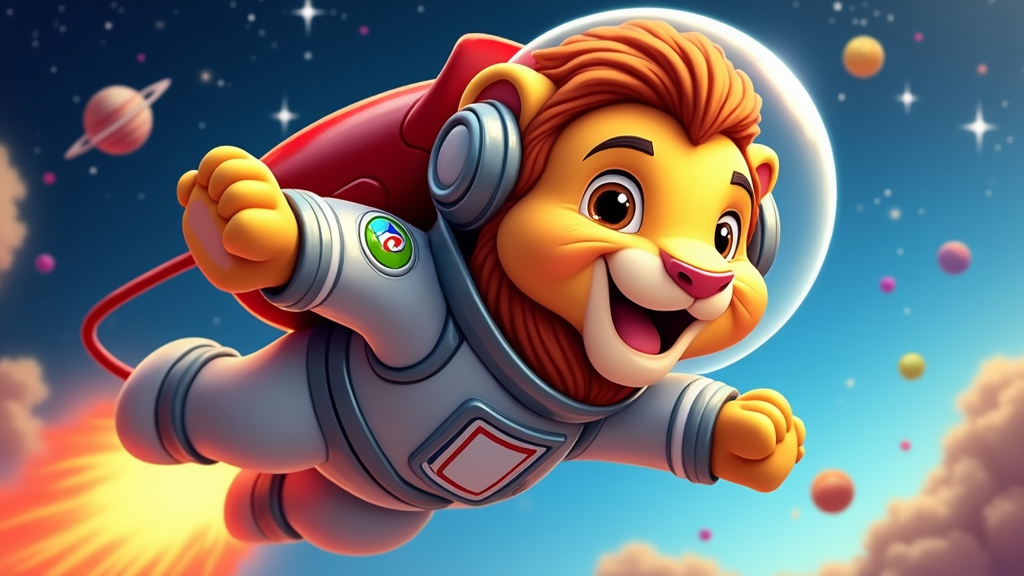 A lion astronaut character with a jetpack on its back, with a playful and dynamic pose, as if it is jetting through space.