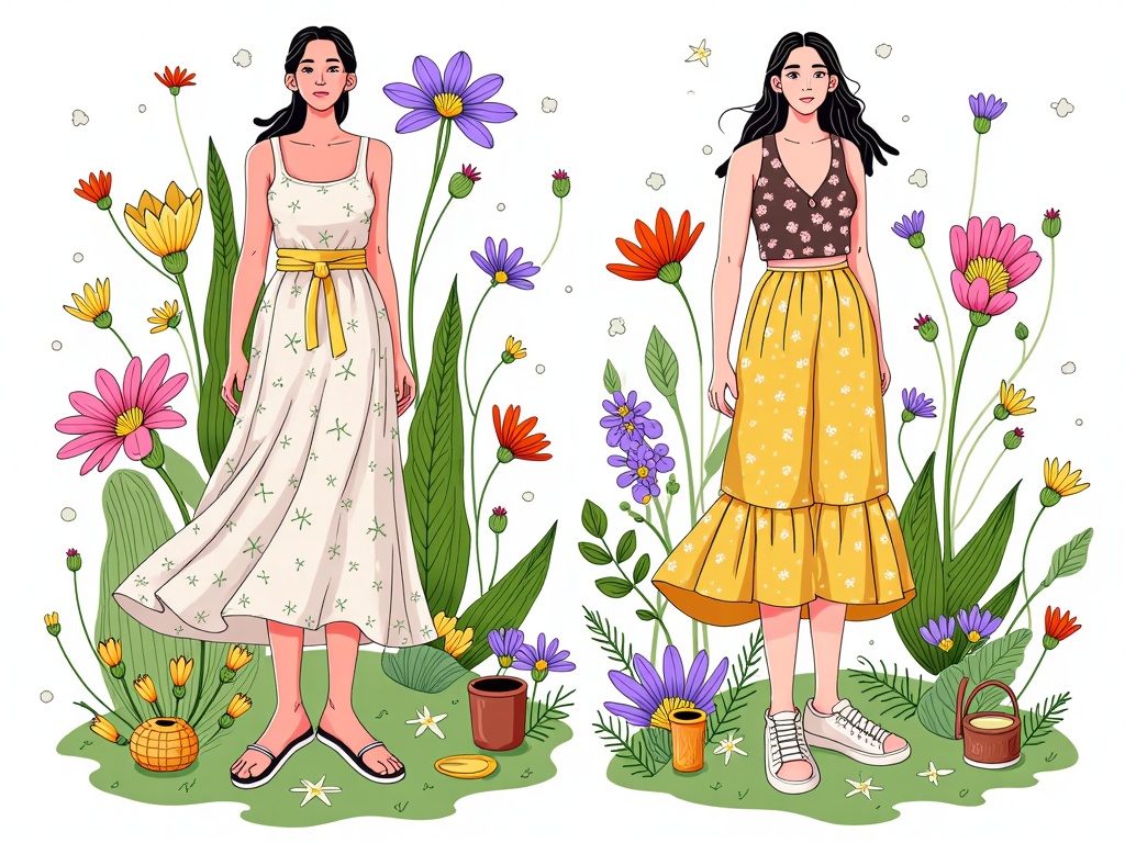 A design concept that visually merges nature with fashion, where garments are adorned with or seamlessly integrated into natural elements like plants, flowers, and organic patterns, symbolizing a harmonious relationship between textiles and the environment.