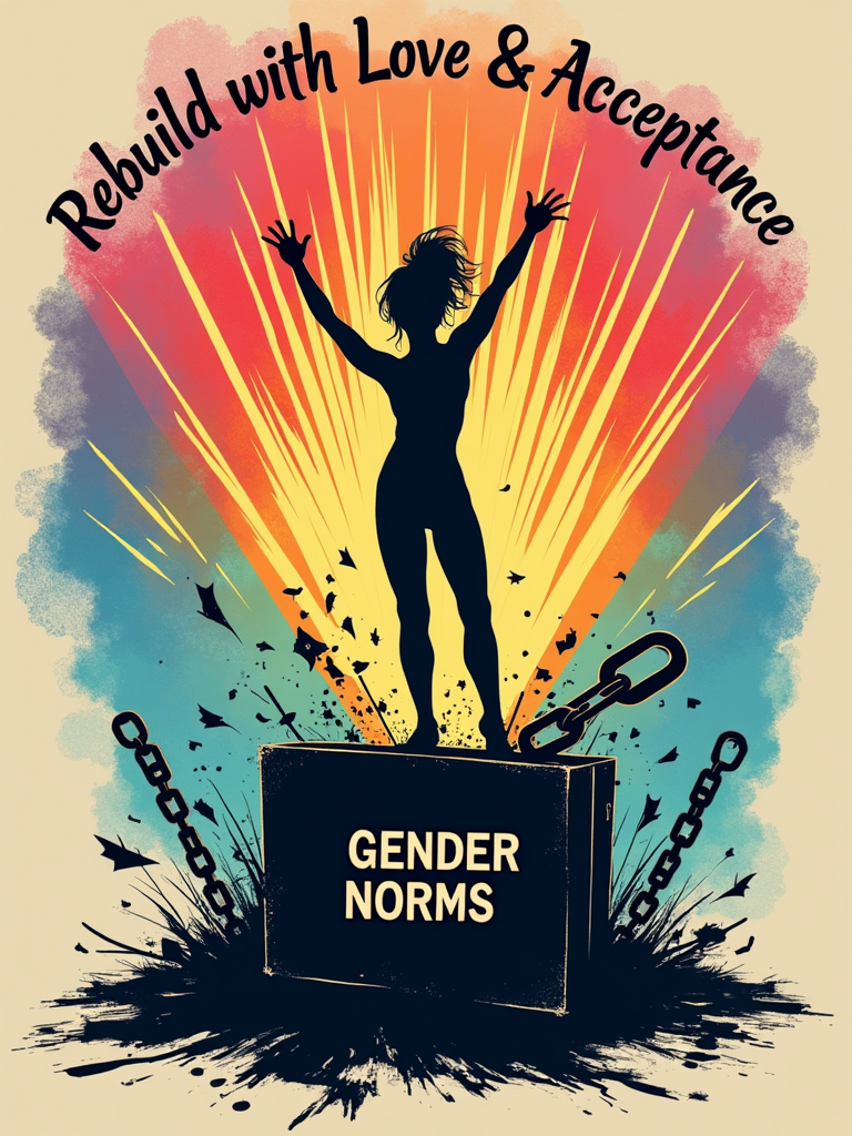 A silhouette of a human figure breaking free from chains or a rigid box labeled 'Gender Norms'. From the point of breakage, rays of light or a vibrant spectrum emanate, with the words 'Rebuild with Love & Acceptance' arching above or within the light.
