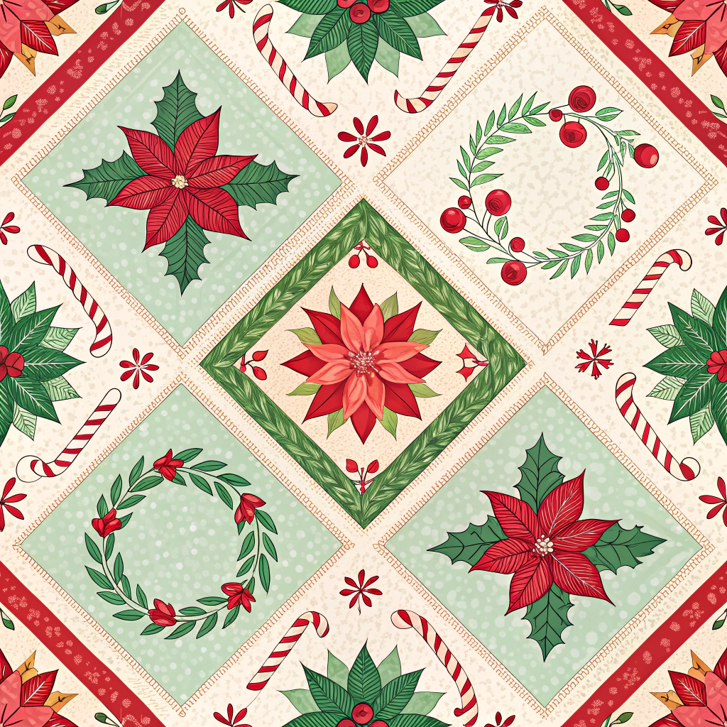 A detailed Christmas quilt spread on a bed, a masterpiece of varied patches showcasing patterns of candy canes, poinsettias, and holly wreaths.