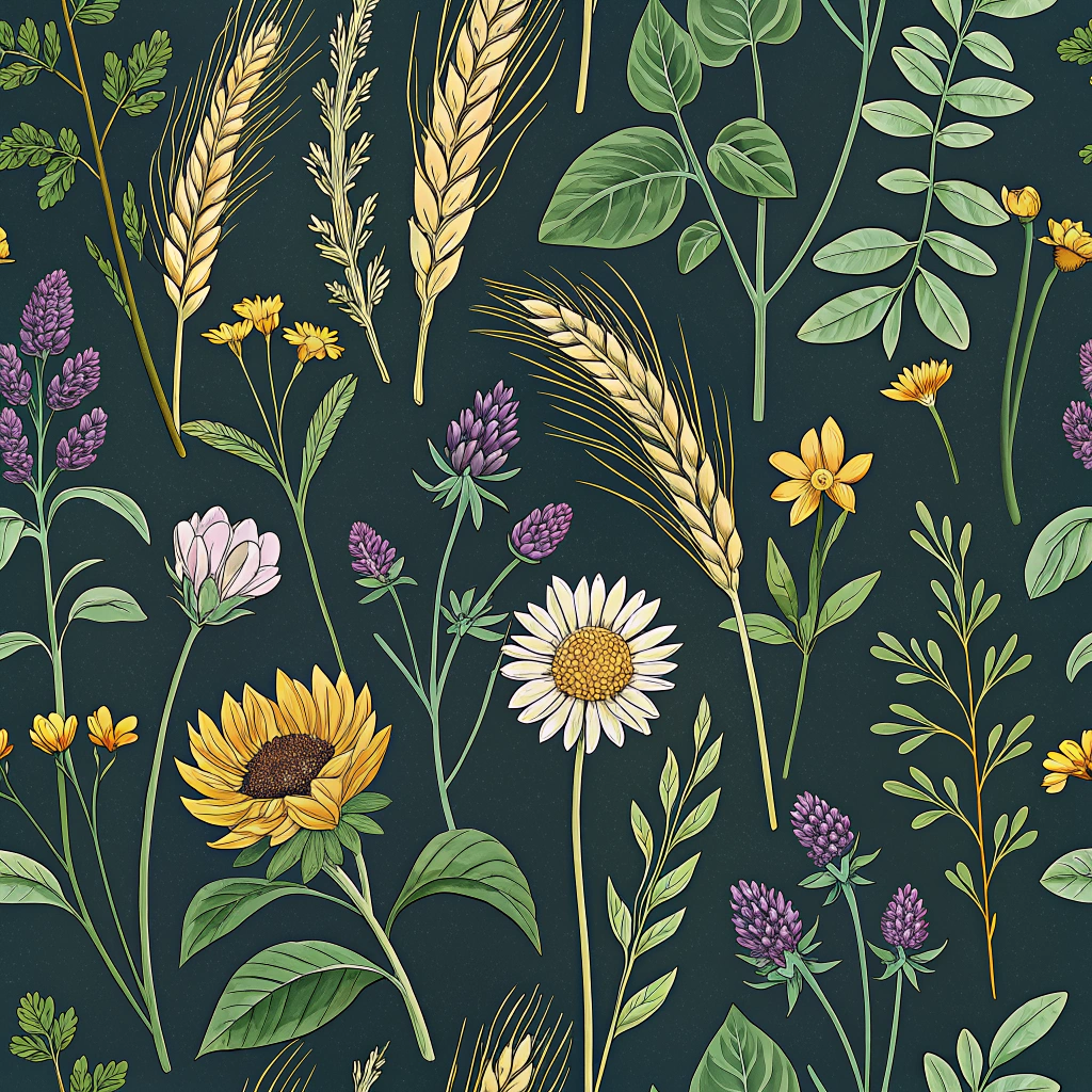Polyculture Tapestry Pattern: Patterns featuring stylized representations of diverse cover crops (e.g., clover, vetch, rye, sunflowers) intermingling, showcasing a rich palette of greens, yellows, purples, and whites to represent biodiversity.