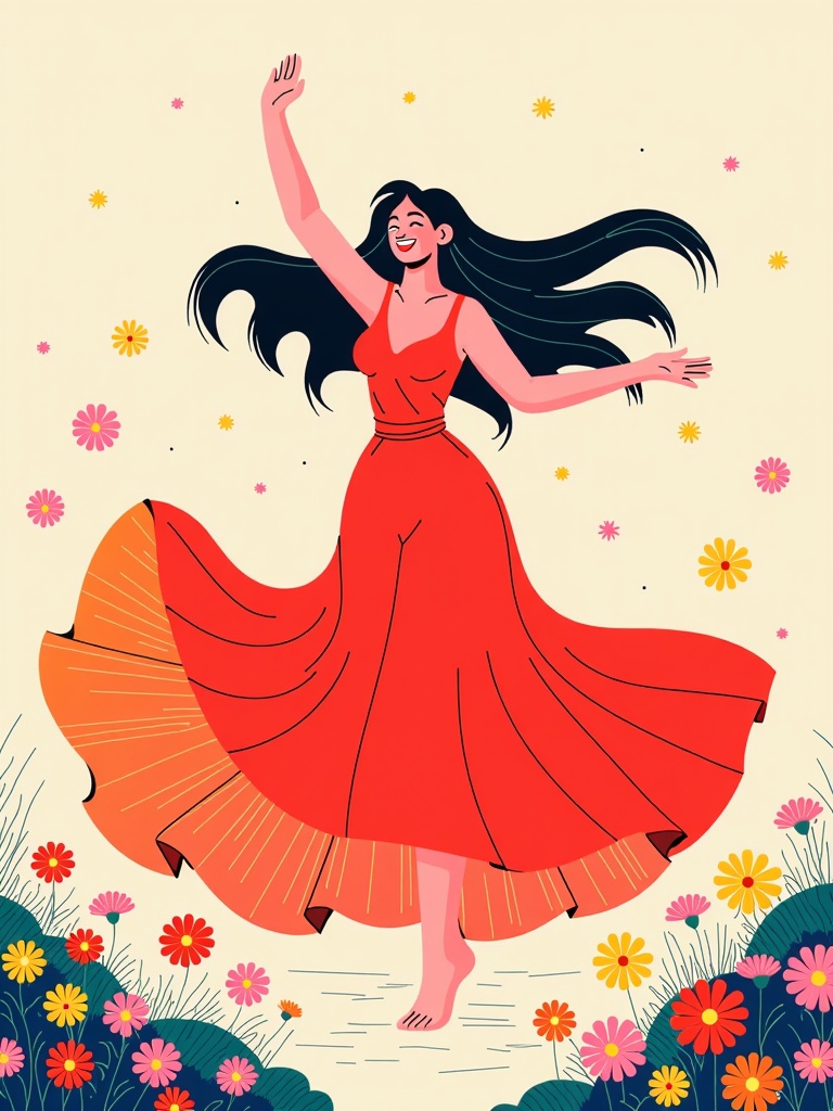 The image is an illustration of a young woman with long black hair, wearing a red dress. She is standing in a field of colorful flowers, with her arms stretched out to the sides and a big smile on her face. The background is a light beige color, and there are small yellow and pink flowers scattered throughout the image. The woman appears to be dancing or celebrating, with one arm raised in the air and the other stretched out in front of her. The overall style of the illustration is whimsical and playful.