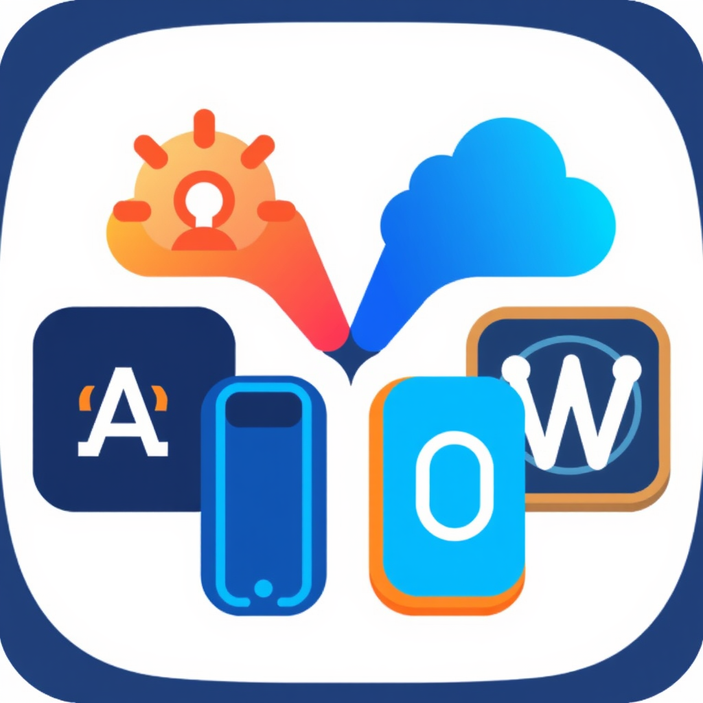 Sub Design Idea 1: Morphing Glyphs - Icons representing different tech themes (AI, Cloud, Mobile, Web) dynamically morph between their symbolic forms and the letters 'I' or 'O' on hover or scroll, creating a fluid visual identity.