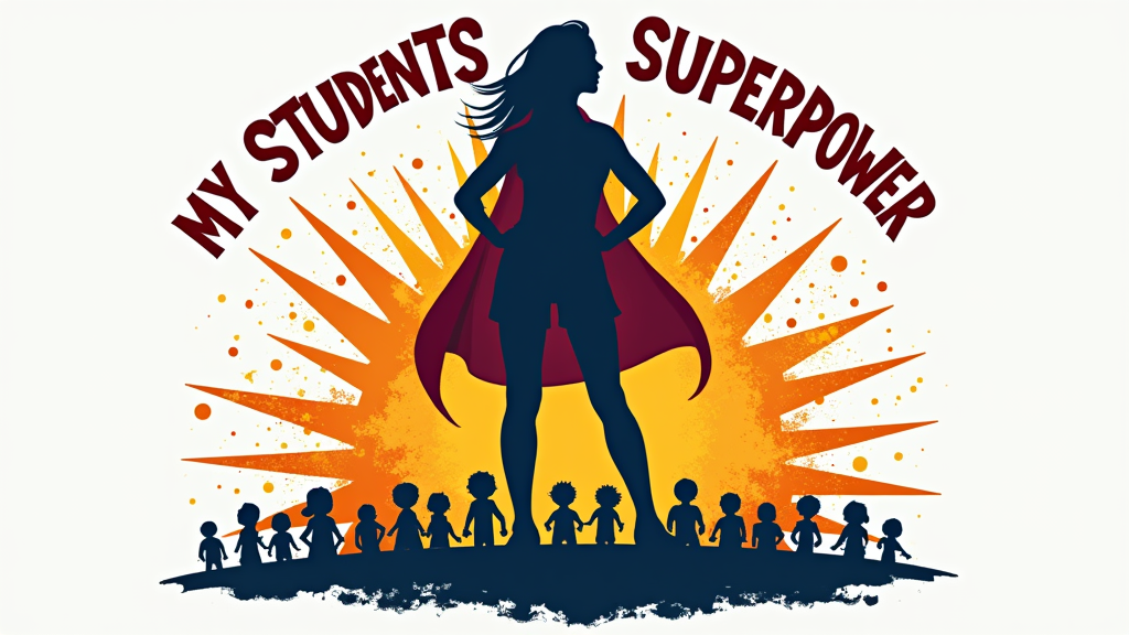Superhero Comic Style: Feature the slogan 'My Students are My Superpower' in a bold, dynamic comic book font. The teacher is depicted as a silhouette in a classic superhero pose (e.g., hands on hips, subtle cape). The 'superpower' is visualized by small, stylized diverse student figures or abstract energy bursts radiating from them or forming a power aura around the teacher. Use bright, primary colors.