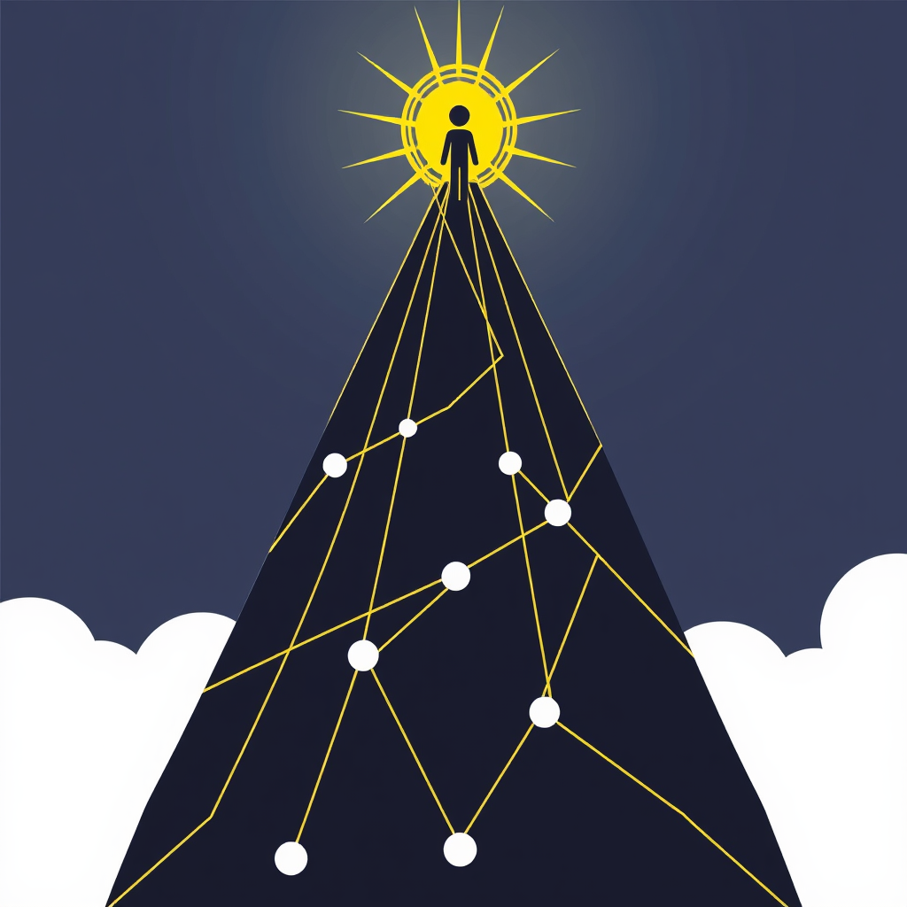 Networked Rise: Multiple thinner lines or abstract human-like figures forming paths, converging and ascending together to represent the community aspect and collective growth, all leading towards a common higher point.