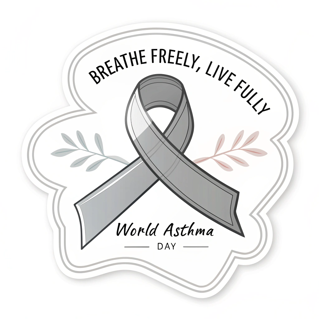 Sub-design 1: A sticker showcasing a prominent grey/silver asthma awareness ribbon. The slogan 'Breathe Freely, Live Fully' is elegantly placed above or below the ribbon, accompanied by 'World Asthma Day' text.