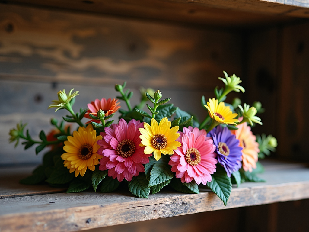 A whimsical crown made of flowers sits atop a rustic wooden shelf, blending natural beauty with traditional symbolism.