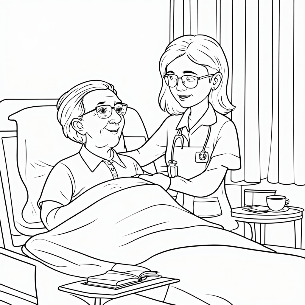 A nurse sitting beside an elderly patient, patiently listening as the patient speaks, perhaps sharing a story. Include a small table with a glass of water and maybe a book.