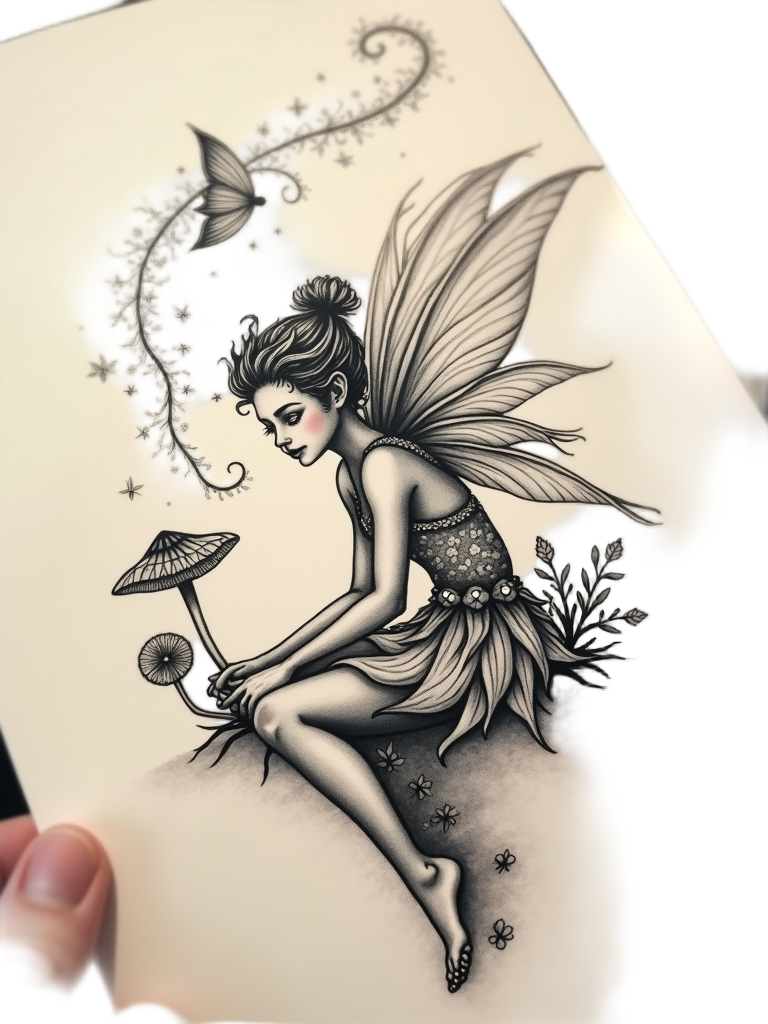 A whimsical fairy tattoo looks delicate on the ankle, surrounded by spirals of magic dust and forest elements.